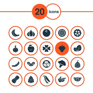 Sebze Icons set ile tutku meyve, beslenme, elma ve diğer sarımsak öğeleri ile. İzole vektör çizim sebze simgeler.