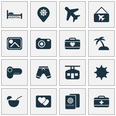 Video kamera, fotoğraf, ilk yardım çantası ve diğer klinik öğeleri ile ayarlamak simgeleri seyahat. İzole vektör illüstrasyon seyahat simgeler.