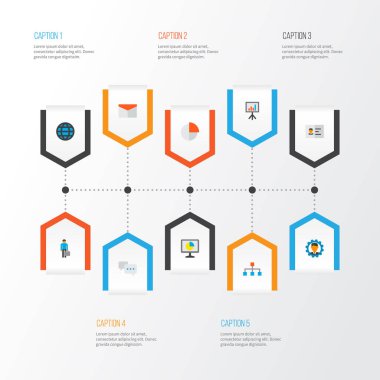 Analytics, kimlik doğrulama, dünya ve diğer pasta çubuğu öğeleri ile düz stil ayarlamak simgeleri ticaret. İzole vektör çizim ticaret simgeler.