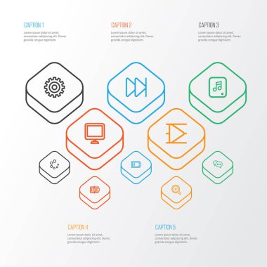 Müzik simgeleri, çalma listesi, sonraki ve diğer sohbet öğeleri ile ayarlamak, stil satır. İzole vektör illüstrasyon müzik simgeleri.