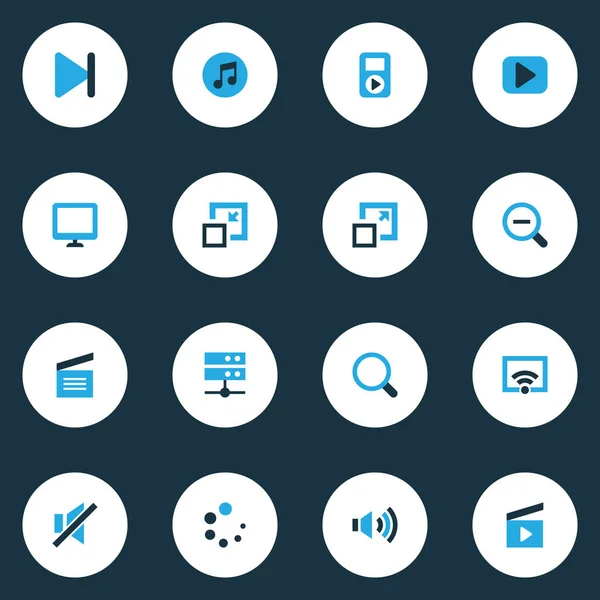 Media iconen set met gekleurde uitzoomen, mediaserver, audio en andere afwerking elementen. Geïsoleerde vector illustratie media iconen. — Stockvector