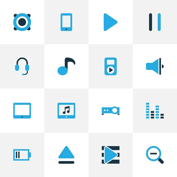 Ícones multimídia colorido conjunto com alto-falante, smartphone, pausa e outros elementos de aumento. Isolado vetor ilustração ícones multimídia . — Vetor de Stock