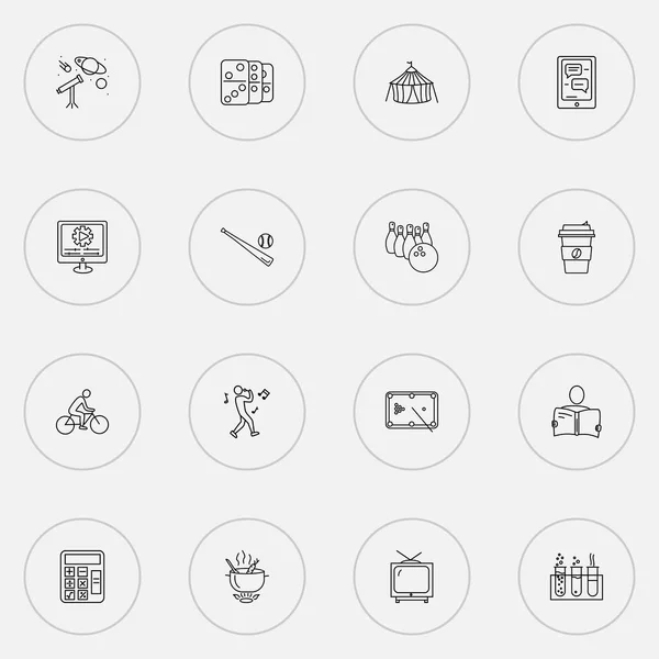 Развлечения в стиле линейки с элементами кофе, домино, чтения и других скейтбордов. Изолированные векторные иконки развлечений . — стоковый вектор