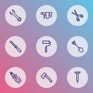 Handtools simgeler stil tornavida, çivi, kürek ve diğer boya öğeleri kümesi satır. İzole illüstrasyon handtools simgeleri.