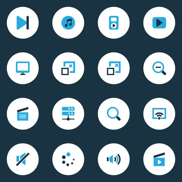 Zenei ikonok szett színes kicsinyítés, média szerver, hang- és egyéb befejezési elemek. Elszigetelt illusztráció zenei ikonok. — Stock Fotó