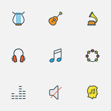 Multimedya simgeler renkli çizgi dizeleri, notlar, fanatik ve diğer harp ile öğeleri ayarlayın. İzole illüstrasyon multimedya simgeler.