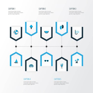 Güneş simgeler renkli set ağaçlar, kavun, gemi ve diğer yüzme ile maske öğeleri. İzole illüstrasyon güneş simgeler.
