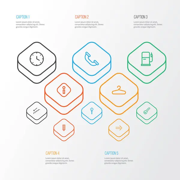 Iconos de dirección conjunto de estilo de línea con información, signo de exclamación, percha y otros elementos de precaución. Iconos de dirección de ilustración aislada . — Foto de Stock