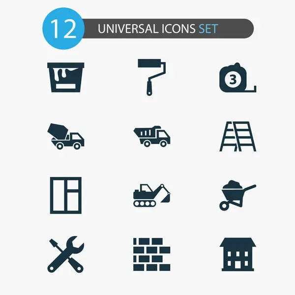 Conjunto de iconos de construcción con excavadora, lata de color, escalera y otros elementos de excavadora. Iconos de construcción de ilustración aislada . —  Fotos de Stock