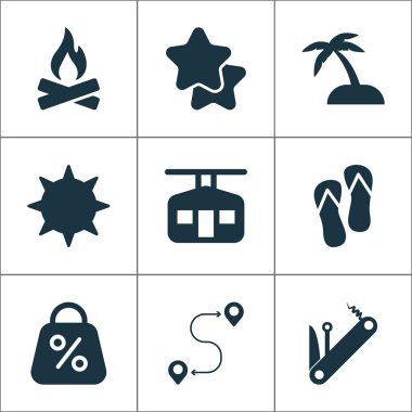 Turizm simgeler Kayak kabin, flip flop, yıldız ve diğer teleferik öğeleri ile ayarlayın. İzole vektör çizim Turizm simgeler.