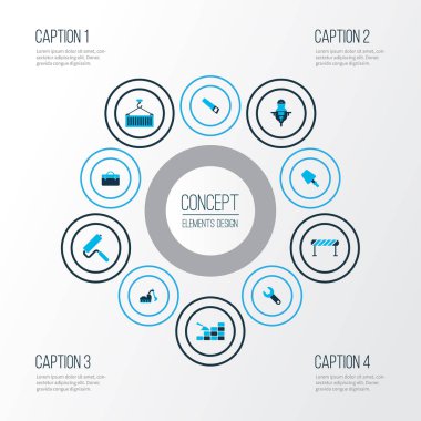 İnşaat simgeler örmek, yastık Oluşturucu, testere ve diğer tuğla öğeleri kümesi renkte. İzole vektör illüstrasyon inşaat simgeler.