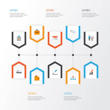 Evrak çantası, iş sunumu, banka kartı ve diğer kalem öğeleri ile düz stil ayarlamak simgeleri ticaret. İzole vektör çizim ticaret simgeler.
