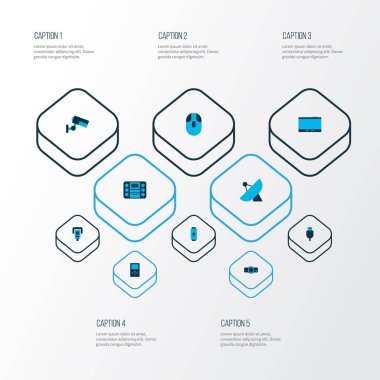 Donanım simgeleri set pil, görüntü denetimi, video kamera ve diğer sunum elemanları ile renkli. İzole vektör çizim donanım simgeleri.