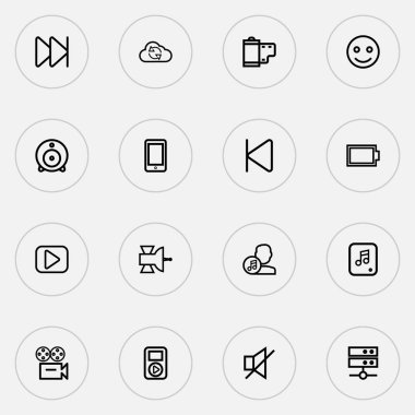 Ayarla smartphone ile web kamerası, senkronize medya simgeleri çizgi stili ve diğer öğeleri yayın. İzole vektör çizim medya simgeler.