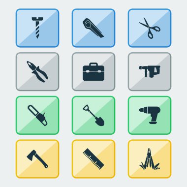 Handtools Icons set ile cıvata, araç kutusu, yeni bıçak ve diğer kelepçe öğeleri ile. İzole vektör çizim handtools simgeleri.