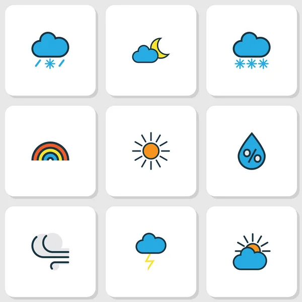 Iconos meteorológicos línea de color conjunto con porcentaje, helada, tempestad y otros elementos de la gota de lluvia. Iconos de tiempo de ilustración vectorial aislado . — Archivo Imágenes Vectoriales