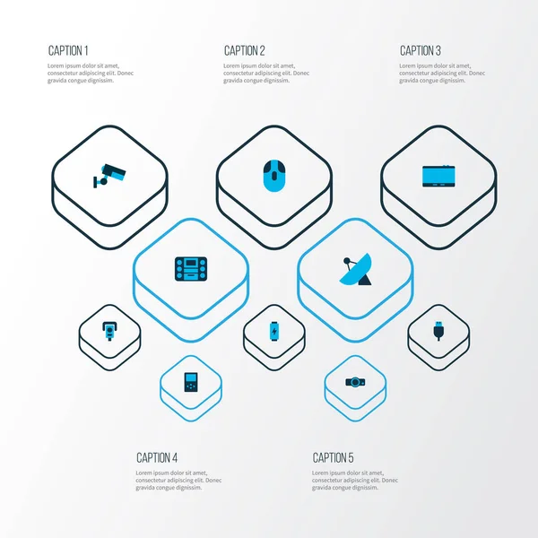 带电池、视频控制、摄像机和其他演示元素的硬件图标设置。隔离的矢量插图硬件图标. — 图库矢量图片