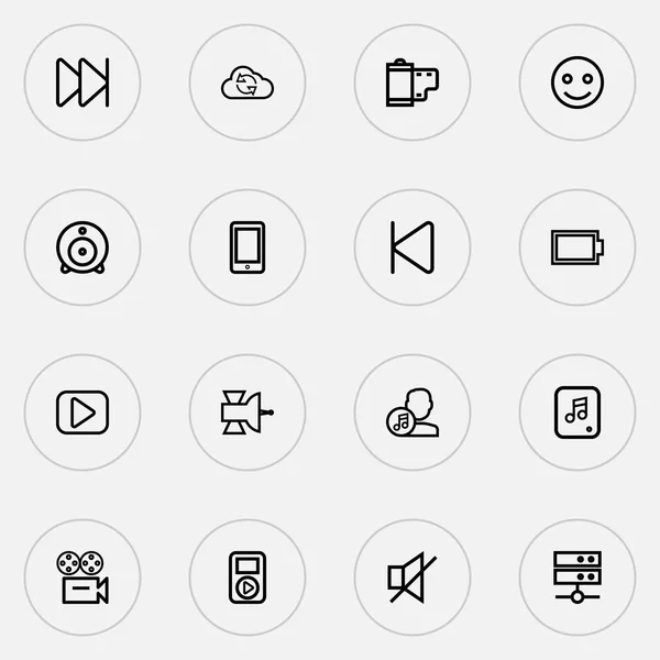 Styl linii ikony mediów zestaw z smartphone, kamery internetowej, synchronizacji i innych transmisji elementów. Ikony mediów ilustracja na białym tle wektor. — Wektor stockowy