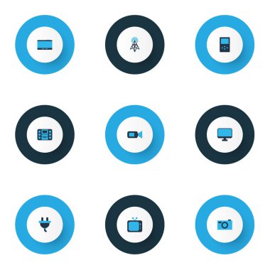 Donanım simgeleri tablet, fotoğraf makinesi, tv ve diğer yakalama öğeleri kümesiyle renkli. İzole illüstrasyon donanım simgeleri.