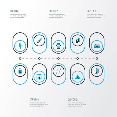 Seyahat simgeler kümesi çadır ateşle, elektrikli tren, bavul erkek ve diğer teras restoran öğeleri ile bavul ile renkli. İzole illüstrasyon seyahat simgeler.