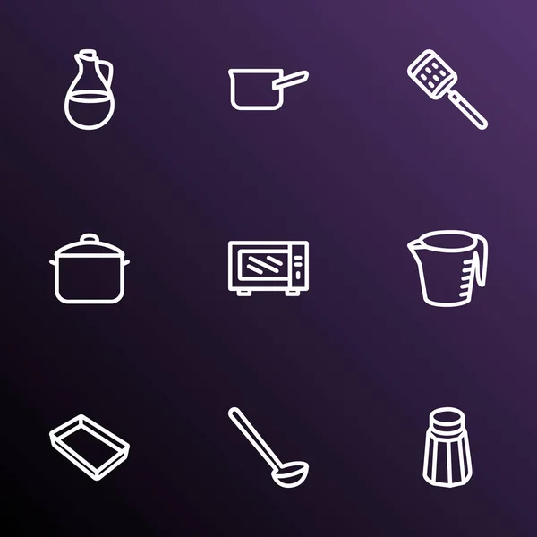 Porslin ikoner linje stil set med gryta, mikrovågsugn, mäta cup och andra tårta fack element. Isolerade illustration porslin ikoner. — Stockfoto