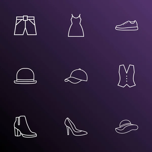 Oblečení ikony styl panama, vesta, ženské boty a jiné prvky fedora čáry. Izolované ilustrace oblečení ikony. — Stock fotografie