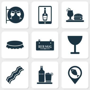 Şişe kapağı, geolocation, taverna ve diğer kokteyl burger elemanları ile içecekler Icons set. İllüstrasyon izole içecekler simgeler.