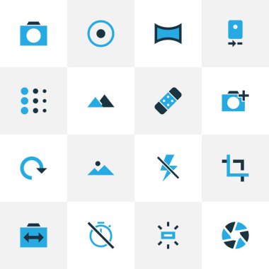 Görüntü simgeler kümesi panorama, döndürme, kronometre ve diğer açı öğeleri ile renkli. İzole illüstrasyon görüntü simgeleri.