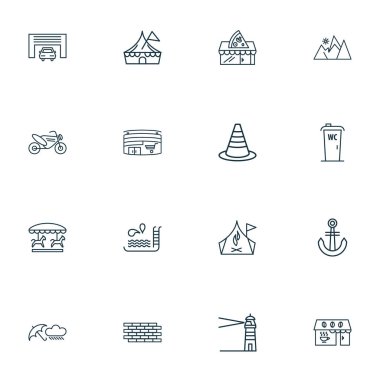 Kentsel simgeleri stil dağlar, yüzme havuzu, hava yağmurlu ve diğer kurbağalama öğeleri kümesi satır. İzole illüstrasyon kentsel simgeleri.