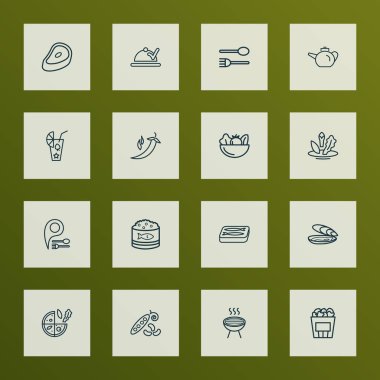 Simgeler çizgi stili yeme vejetaryen pizza, kaşık çatal, salata ve diğer konserve balık öğeleri ile ayarlayın. İzole şekil kutsal kişilerin resmi yemek.