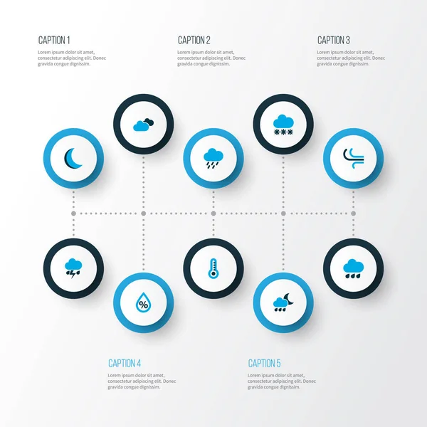 天気、曇り、雪と降雨の他の要素とアイコン色を設定。孤立した図天気アイコン. — ストック写真