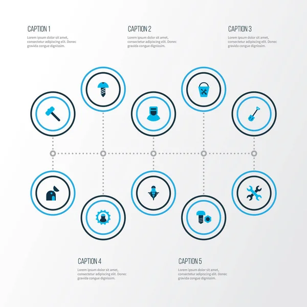 Sanayi simgeler kümesi çalışma, Gözlemevi, anahtarları ve diğer araç öğeleri ile renkli. İzole illüstrasyon sanayi simgeleri.