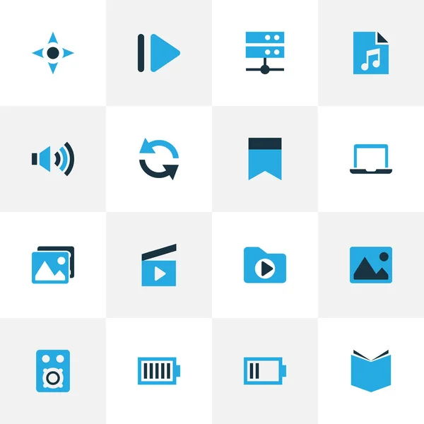 Icone musicali colorate con computer portatile, libro di testo, volume e altri elementi del datacenter. Isolate icone di musica illustrazione . — Foto Stock