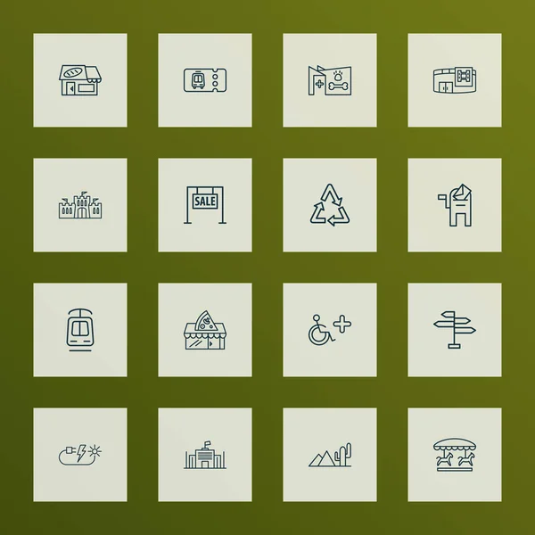 도시 아이콘 라인 사서함, 성, 회전 목마 및 기타 장애인된 영역 요소를 설정 하는 스타일. 고립 된 그림 도시 아이콘. — 스톡 사진