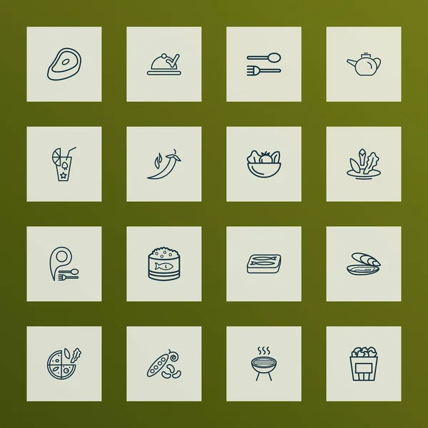 Essen Symbole Linie Stil-Set mit vegetarischer Pizza, Löffelgabel, Salat und anderen Fischkonserven Elemente. isolierte Illustration Ikonen essen. — Stockfoto