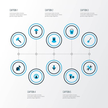 İnşaat simgeler kümesi çalışma, Gözlemevi, anahtarları ve diğer araç öğeleri ile renkli. İzole vektör illüstrasyon inşaat simgeler.