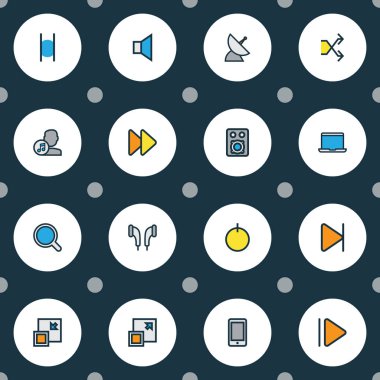 Satır renkli müzik simgeleri ile hızlı ileri ayarla, duraklatmak, sanatçı ve diğer kulaklık öğeleri. İzole vektör illüstrasyon müzik simgeleri.