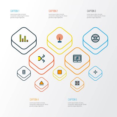 Denetleyicisi ile kümesi satır renkli müzik simgeleri genişletmek, ses karıştırıcı ve diğer ekolayzer öğeleri. İzole vektör illüstrasyon müzik simgeleri.