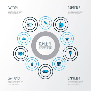 Cafe simgeler renkte set kapalı, etli yemek saati ve diğer tabela öğeleri. İzole vektör çizim kafe simgeler.