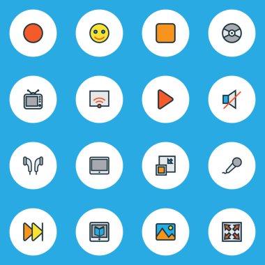 Multimedya simgeler dur, öğrenme, kayıt ve diğer kulaklık öğeleri satır kümesiyle renkte. İzole vektör çizim multimedya simgeler.