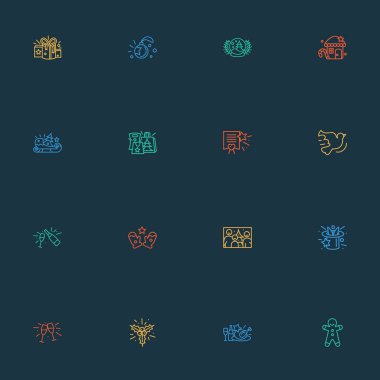 Yıl kutsal kişilerin resmi stil güvercin, hediye kağıt torba, Noel diner ve diğer fizz öğeleri kümesi satır. İzole vektör çizim yıl simgeler.