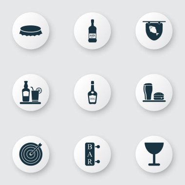 Alkol Icons set ile öğle yemeği, bardağı, bar ve diğer deniz ürünleri öğeleri ile. İzole vektör çizim alkol simgeler.