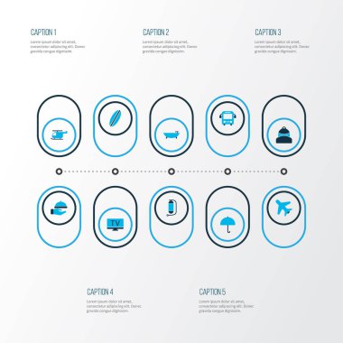 Simgeler renkli set otobüs, oksijen silindir, şemsiye ve diğer sualtı tankı öğeleri ile seyahat. İzole vektör illüstrasyon seyahat simgeler.