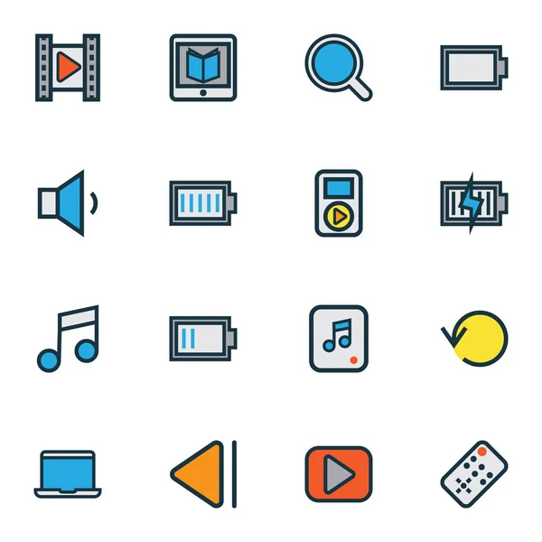 Multimedia icons colored line set with music, low battery, replay and other empty accumulator elements. Isolated vector illustration multimedia icons.