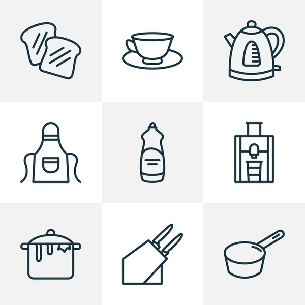 Mutfak simgeler stil çay bardağı, önlük, sos tava ve diğer gereçler öğeleri kümesi satır. İzole vektör çizim mutfak simgeler. — Stok Vektör