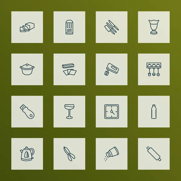 Koka ikoner linjestil set med smör, klocka, glass glas och andra soda element. Isolerade vektor illustration cook ikoner. — Stock vektor