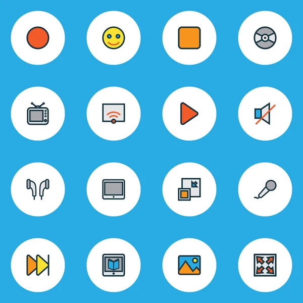 Conjunto de líneas de colores de iconos multimedia con parada, aprendizaje, grabación y otros elementos de auriculares. Iconos multimedia de ilustración vectorial aislado . — Vector de stock