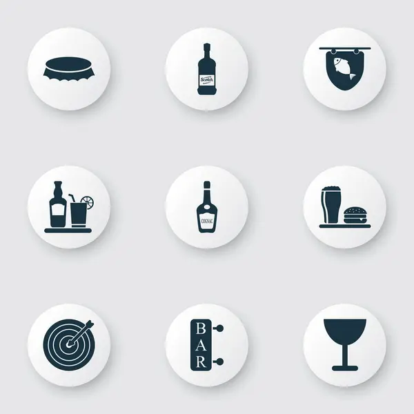 Alkohol ikony nastavit oběd, sklenice na víno, bar a další prvky, mořské plody. Izolované vektorové ilustrace alkohol ikony. — Stockový vektor