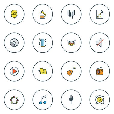 Müzik simgeleri renkli çizgi vinil, fonograf, dizeleri ve diğer dizeler öğeleri ile ayarla. İzole illüstrasyon müzik simgeleri.