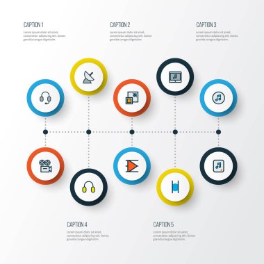 Multimedya simgeler ile Ayarla satır renkli büyütmek, duraklatmak, kamera ve diğer kulaklık öğeleri. İzole illüstrasyon multimedya simgeler.